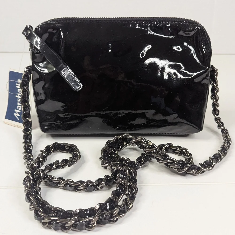 Abro Black Patent Leather‎ Crossbody Bag With Chain Strap NWT